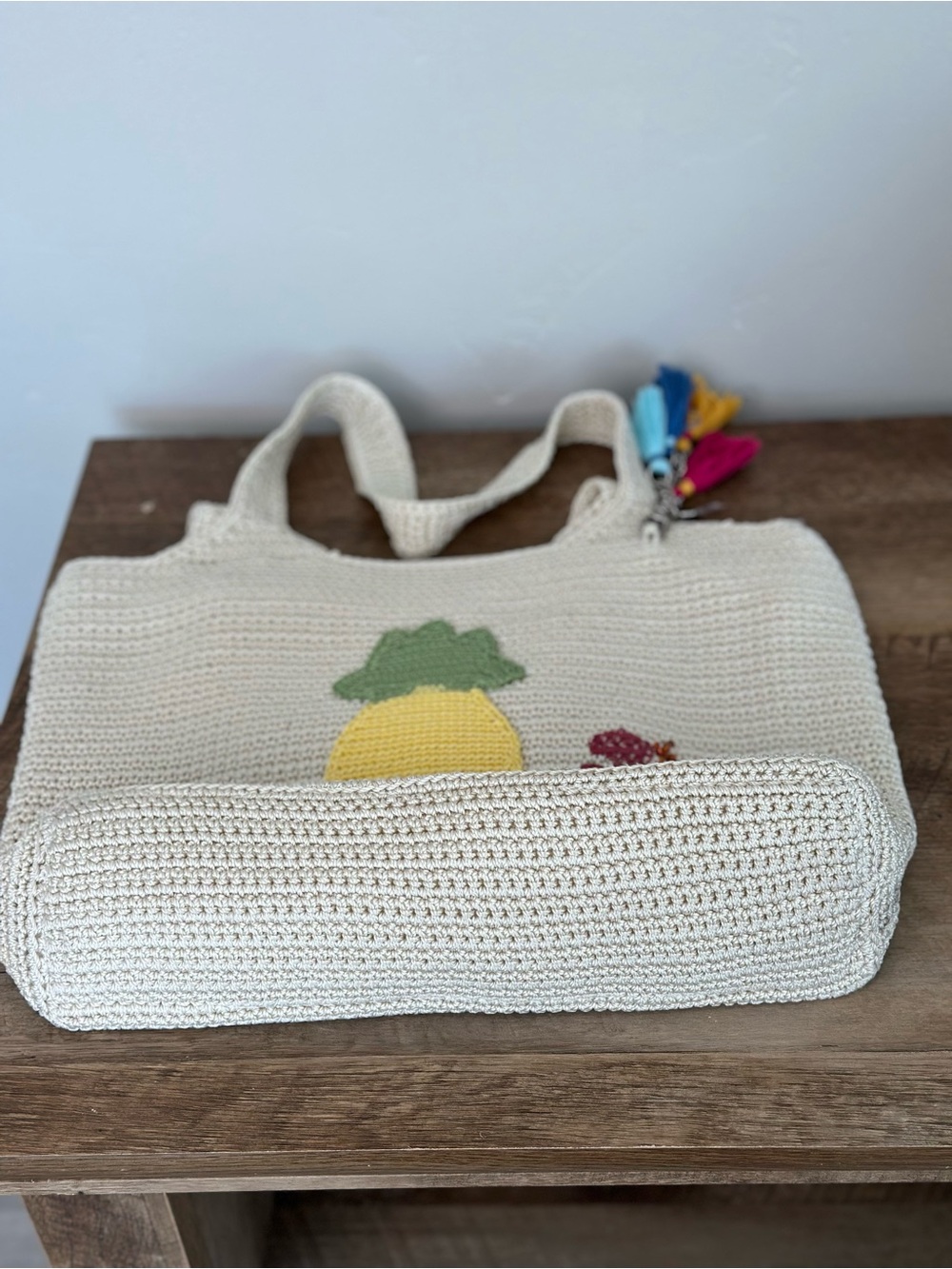 The Sak Handmade Beige Crochet Tote with Pineapple & Floral Appliqué - Picture 7 of 11